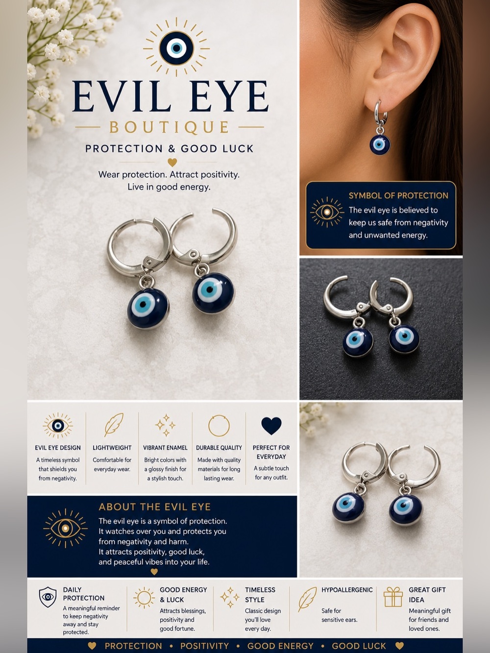 Evil Eye Boutique Enamel Hoop Earrings - Blue Evil Eye Charm